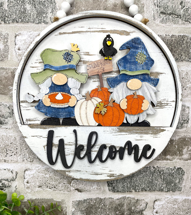 Pumpkin Season Gnomes interchangeable wooden Welcome sign insert with two fall gnomes, pumpkins, pumpkin pie, crow and farm stand sign.