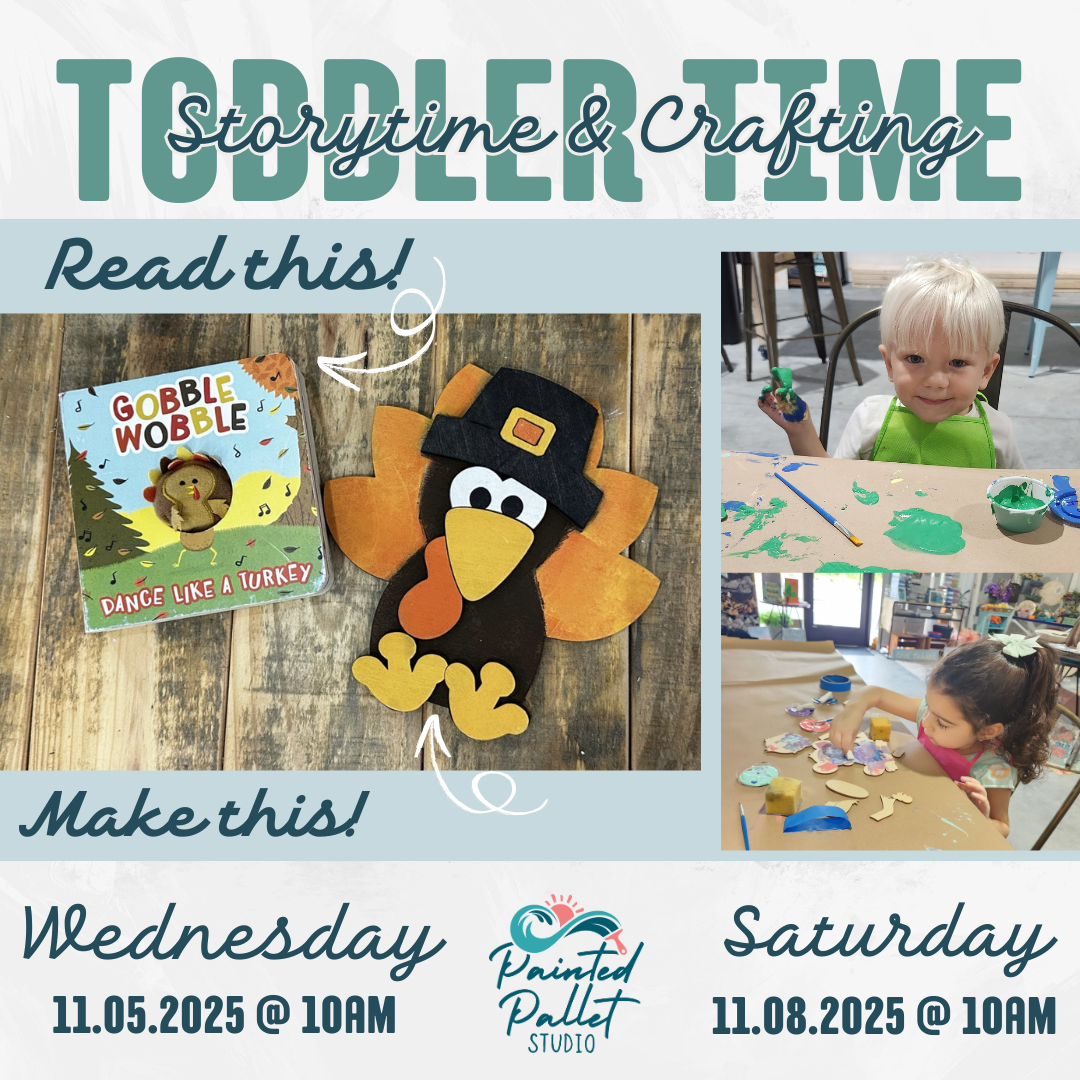 Promotional flyer for toddler storytime and crafting event with children's book and craft supplies.