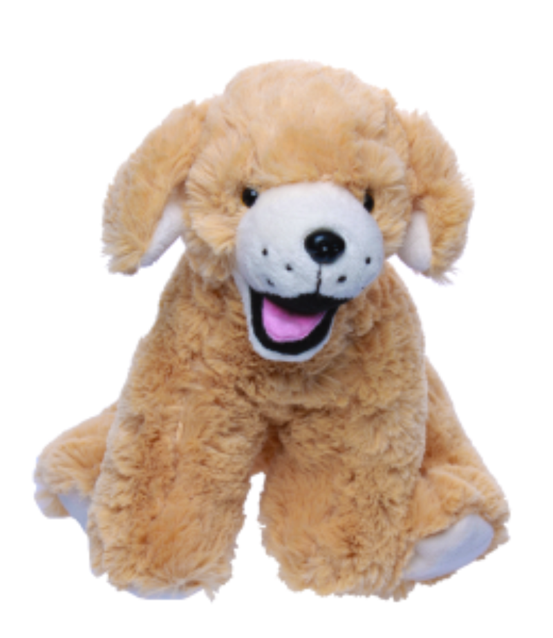 Plush Golden Retriever dog toy with a happy expression on a white background