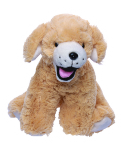 Plush Golden Retriever dog toy with a happy expression on a white background