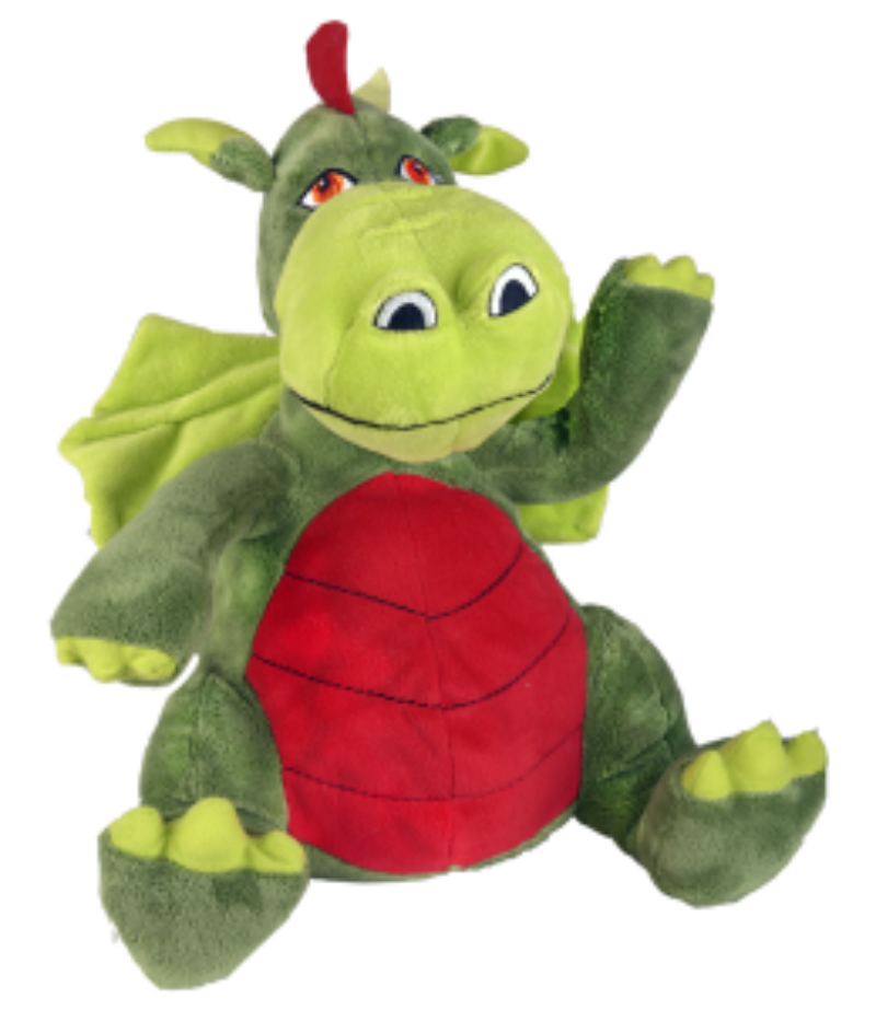 Plush dragon toy with green body, red belly, and yellow feet on a white background
