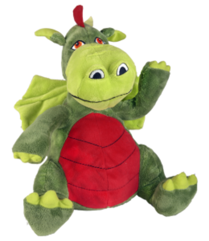 Plush dragon toy with green body, red belly, and yellow feet on a white background