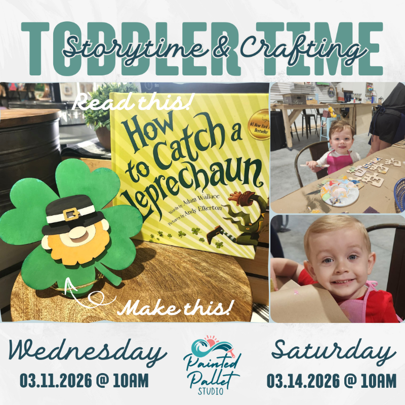 Promotional flyer for toddler storytime and crafting event with a book and craft materials.