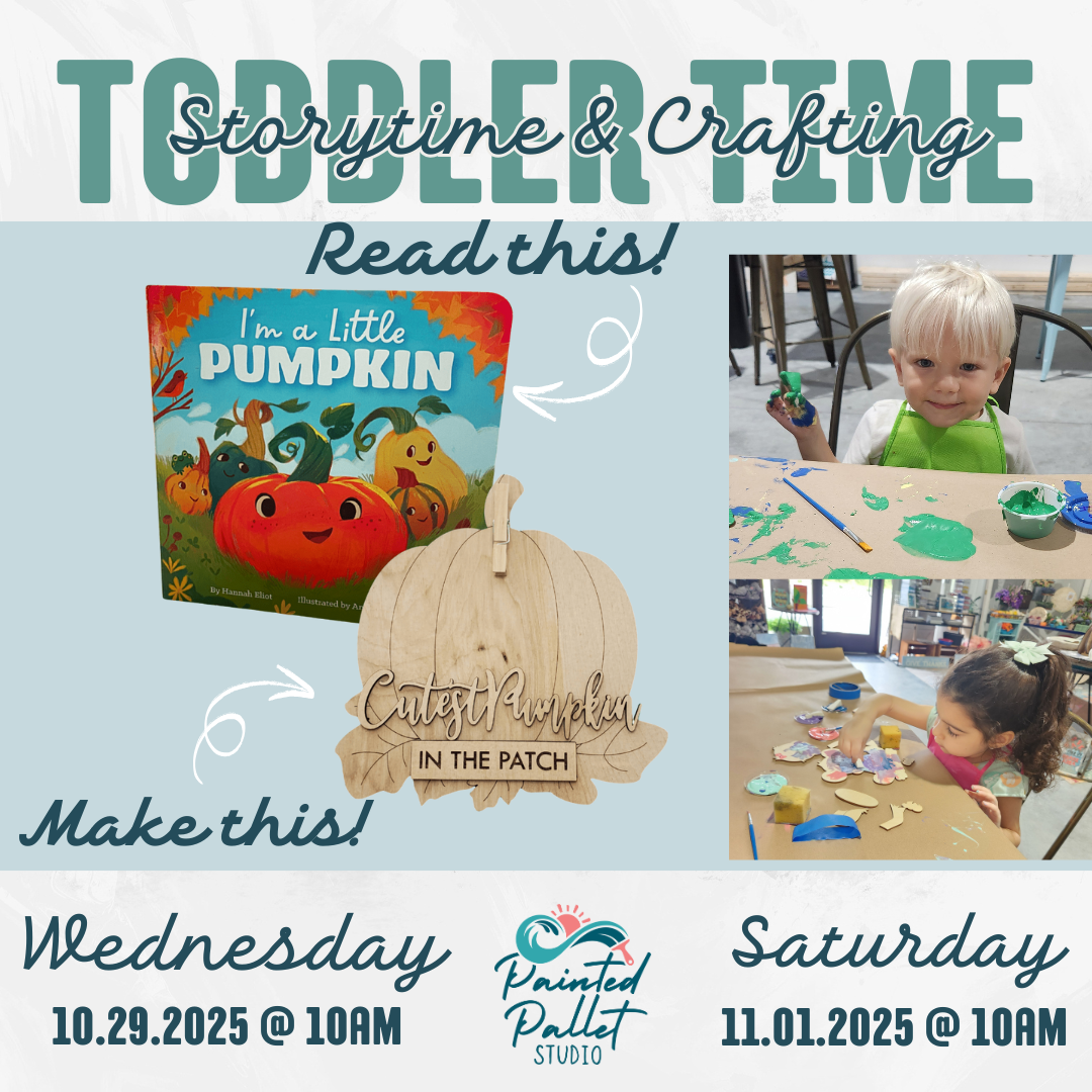 Promotional flyer for toddler storytime and crafting event with children at a table and a pumpkin-themed book.