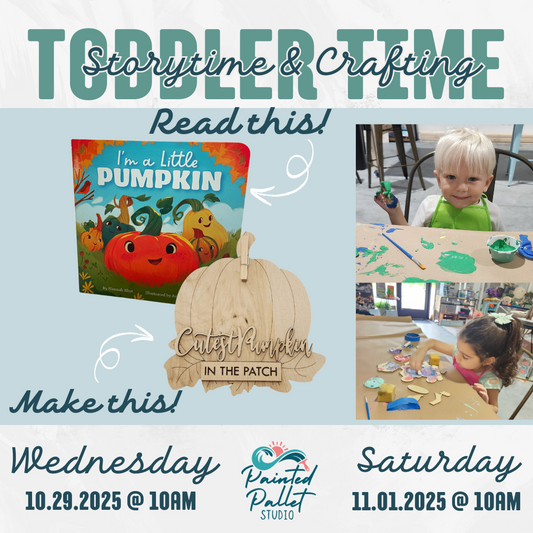 Promotional flyer for toddler storytime and crafting event with children at a table and a pumpkin-themed book.