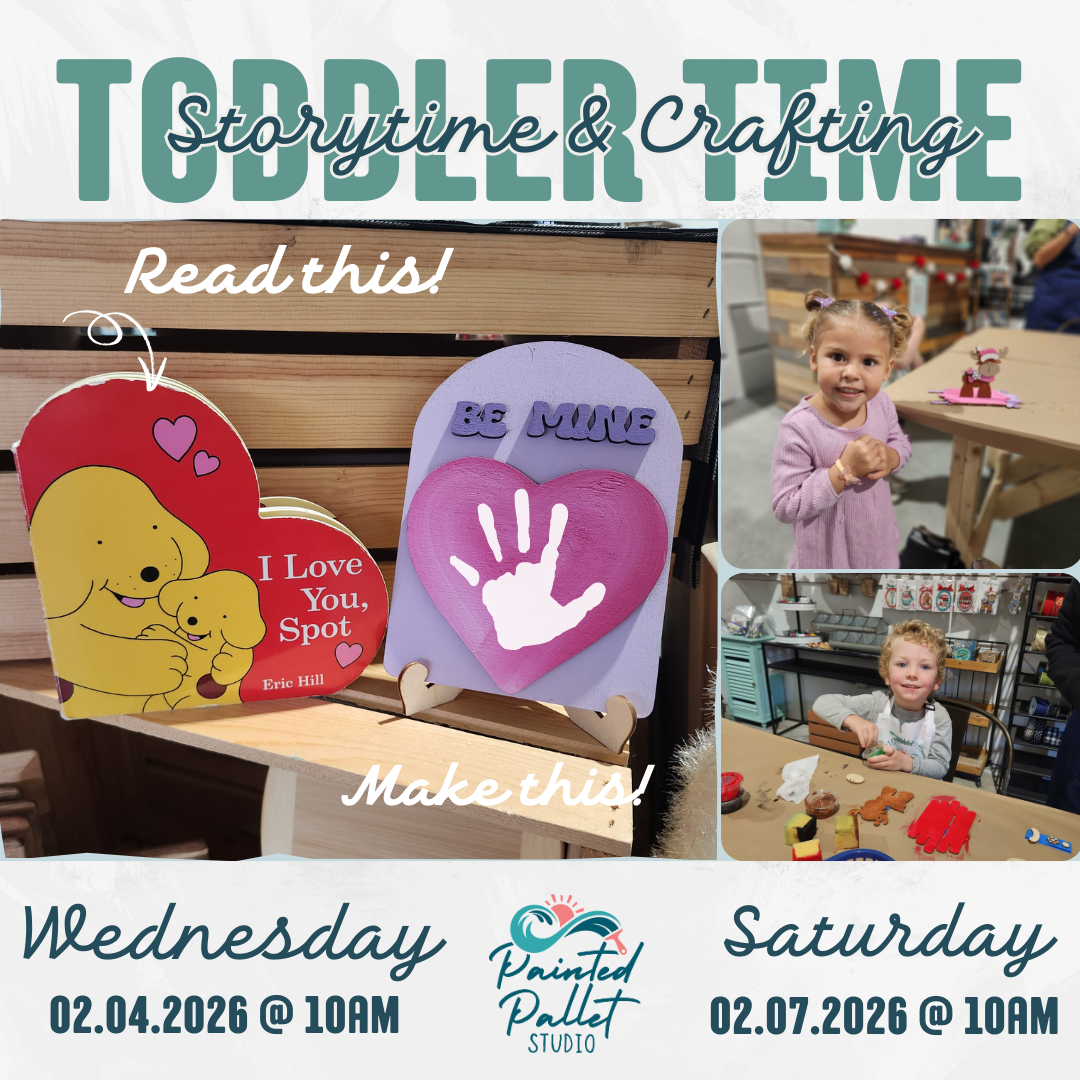 Promotional flyer for 'Toddlertime & Crafting' with heart-shaped crafts and children at a table.