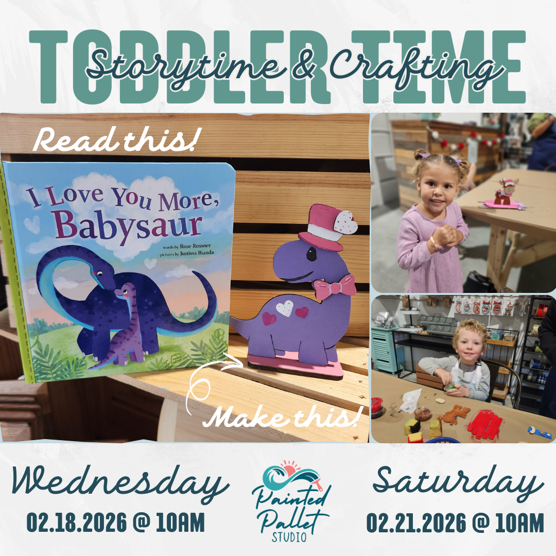 Promotional flyer for toddler storytime and crafting event with book and children at tables.