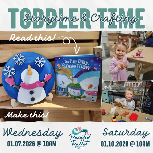 Promotional flyer for toddler storytime and crafting event with snowman craft and book.