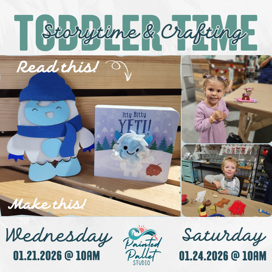 Promotional flyer for toddler storytime and crafting event with a blue character and book.