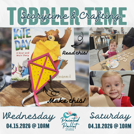 Promotional flyer for 'Toddlertime & Crafting' event with children's activities and a book titled 'Kite Day'.