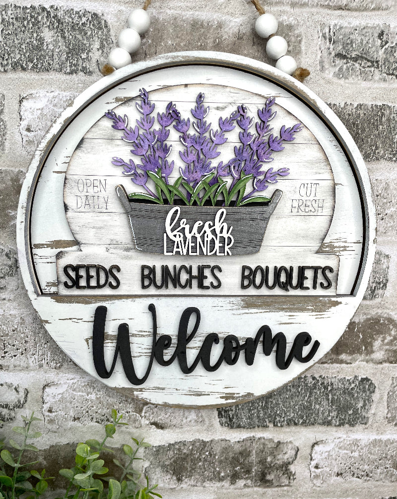 Lavender Fields interchangeable wooden Welcome sign insert featuring purple lavender flowers in a rustic planter with Fresh Lavender, Seeds, Bunches and Bouquets lettering.