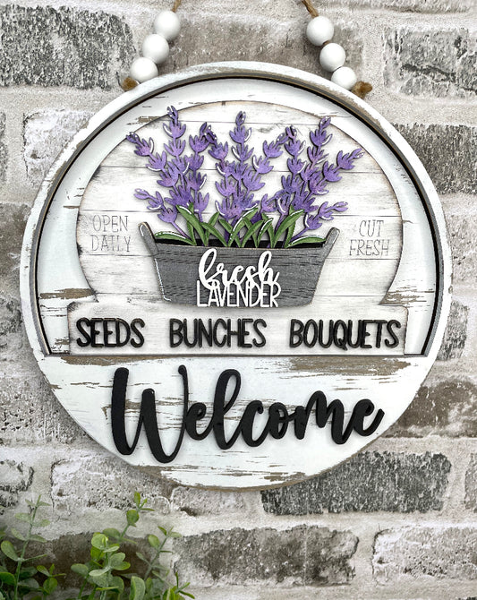 Lavender Fields interchangeable wooden Welcome sign insert featuring purple lavender flowers in a rustic planter with Fresh Lavender, Seeds, Bunches and Bouquets lettering.