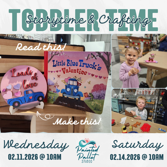 Promotional flyer for toddler storytime and crafting event with book and craft materials.