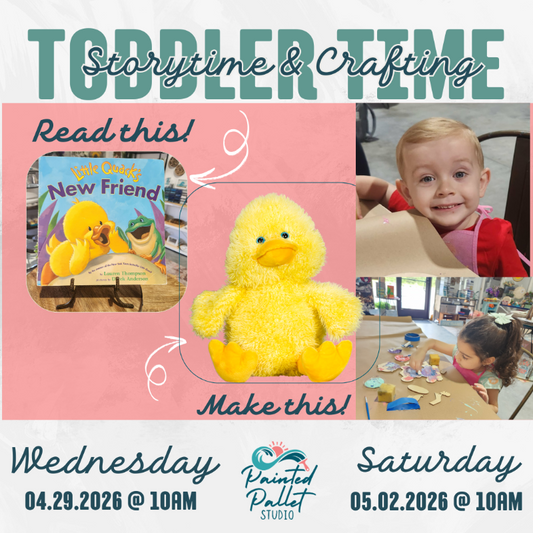 Promotional flyer for 'Toddler Time' event with a yellow duck toy, children's book, and children at a table.