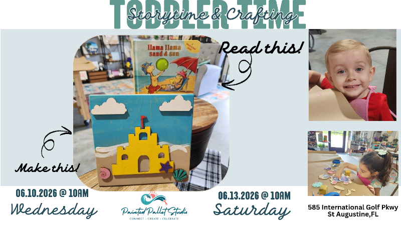 Promotional flyer for toddler time activities with book and craft items.