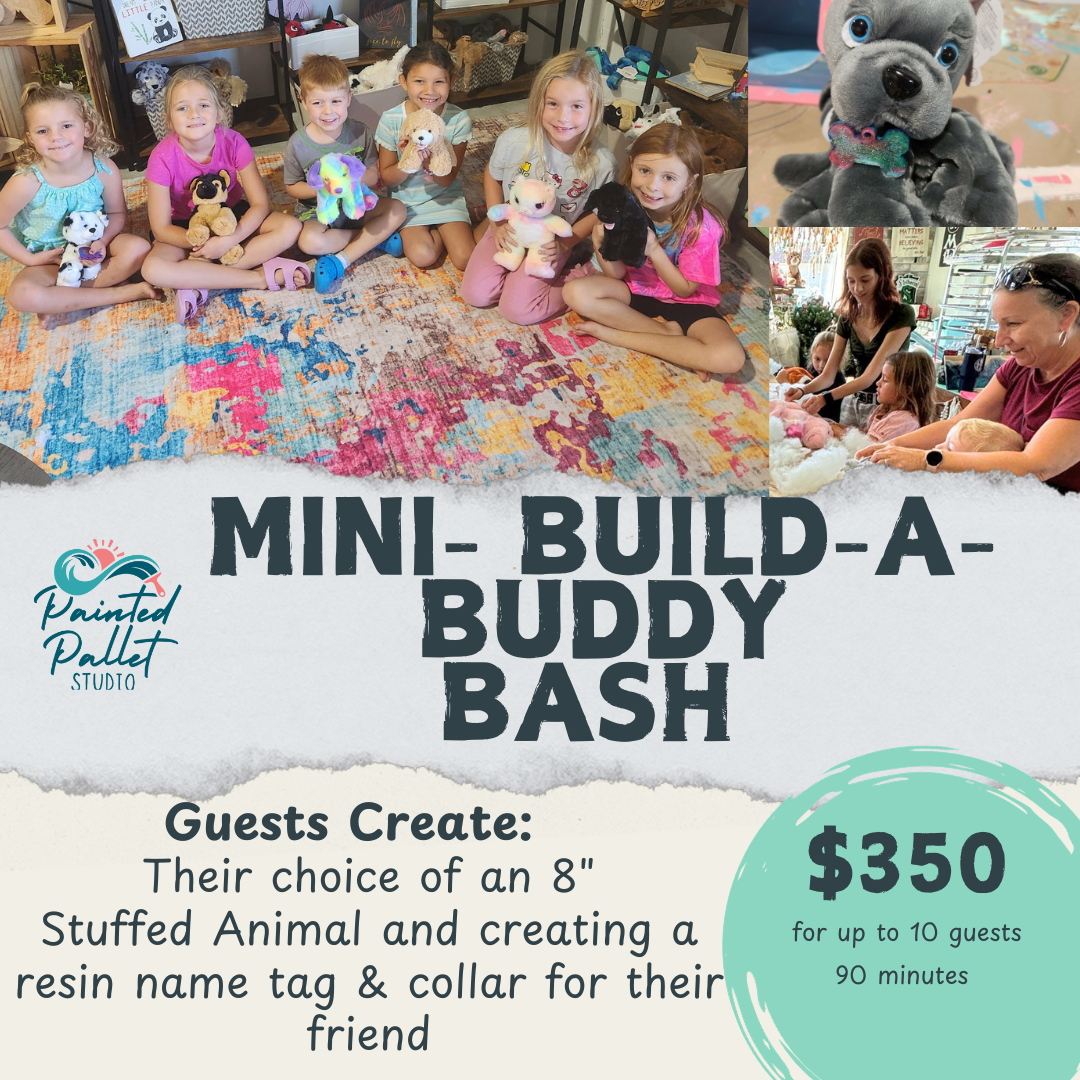 Advertisement for Mini Build-A-Buddy Bash event with children and stuffed animals, featuring the Painted Pallet Studio logo.