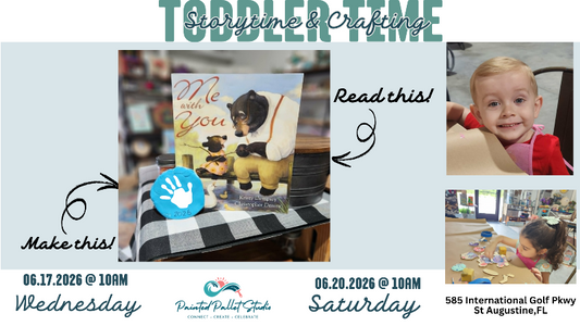 Promotional flyer for toddler time event with book and child images.
