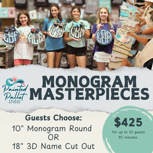 Promotional image for 'Monogram Masterpieces' with four girls holding monogrammed items and text about a service offer.