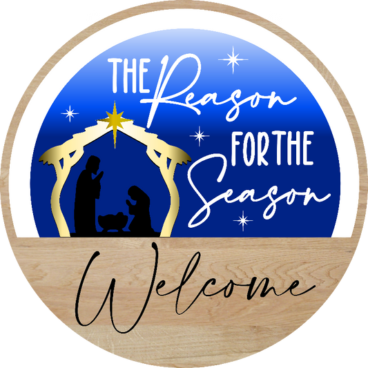 The Reason for the Season interchangeable Christmas Welcome sign insert with Mary, Joseph and baby Jesus nativity silhouette beneath the Star of Bethlehem.