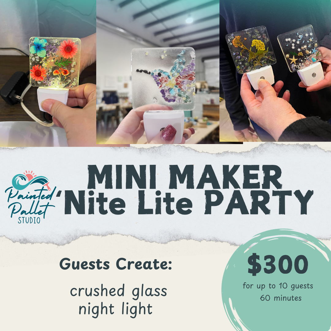Promotional flyer for a Mini Maker Nite Lite Party with people holding finished projects and text detailing the event.