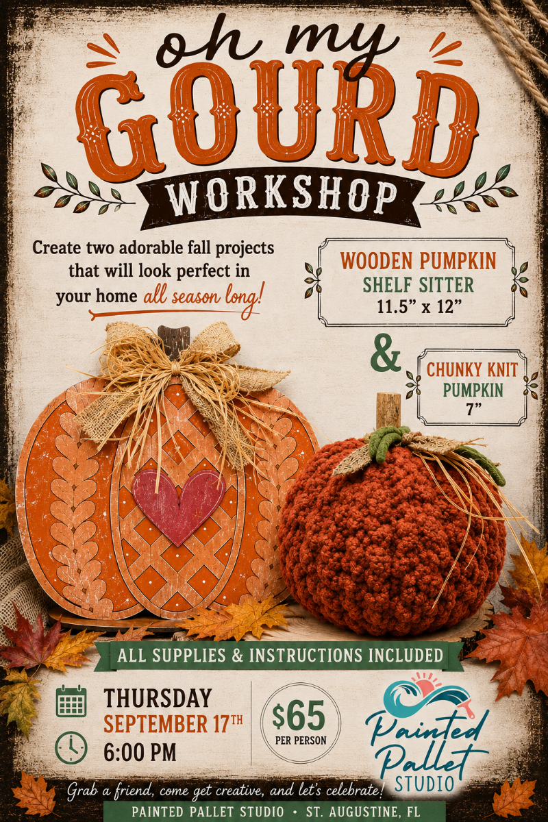 A fall-themed workshop flyer for 'Oh My Gourd Workshop' by Painted Pallet Studio. The flyer features a rustic, weathered wood background and showcases two decorative pumpkins: a carved wooden pumpkin with a pink heart and burlap bow, and a chunky orange knit pumpkin.