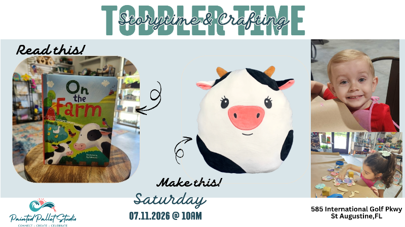 Promotional flyer for toddler time event with a cow plush toy and children's book.
