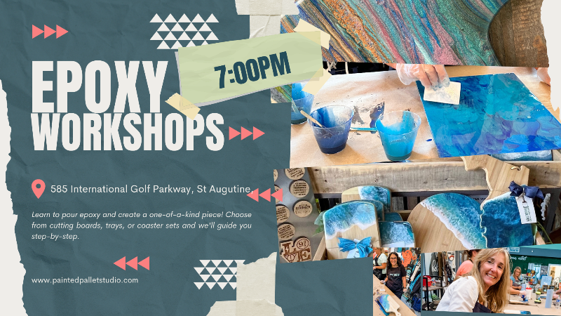 Advertisement for epoxy workshops with images of people working on epoxy projects. St Augustine, FL