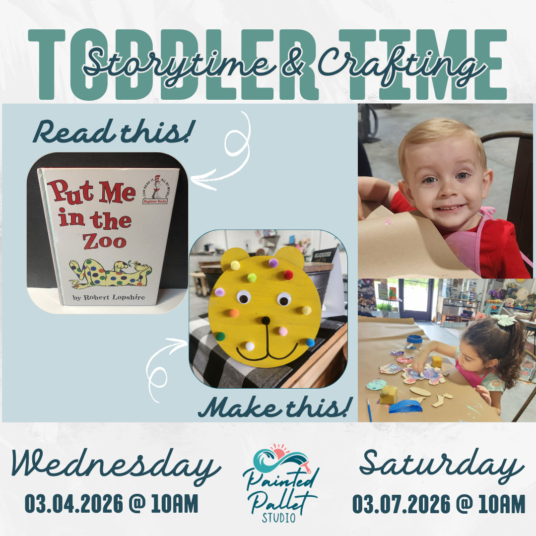 Promotional flyer for Toddler Time Storytime & Crafting event with children's book and craft items.