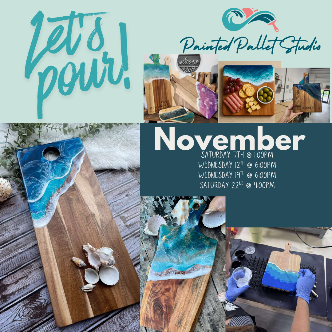 Promotional flyer for Painted Pallet Studio events featuring wooden cutting boards with blue resin designs.