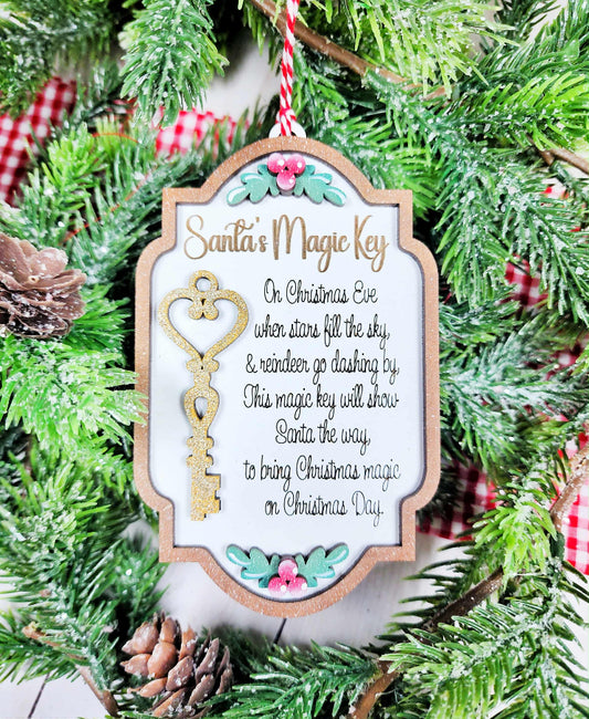 Decorative Christmas ornament with 'Santa's Magic Key' text and key illustration on a green Christmas tree background.