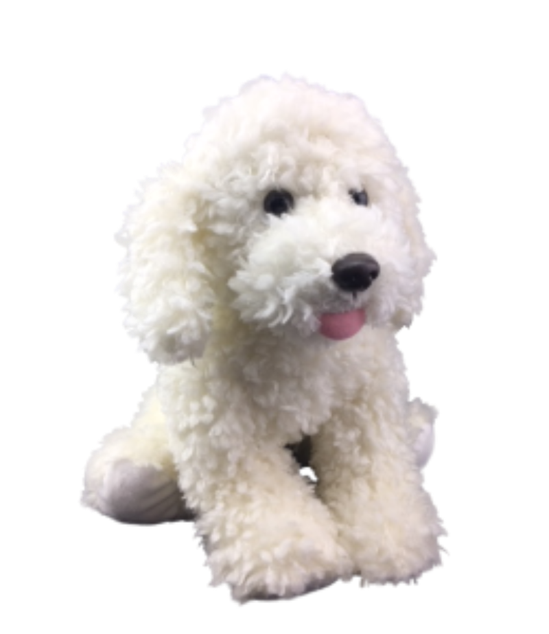 White Goldendoodle fluffy dog toy on a white background