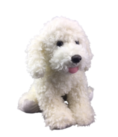 White Goldendoodle fluffy dog toy on a white background
