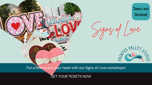 Promotional banner for 'Signs of Love' workshops with decorative signs and a call to action.