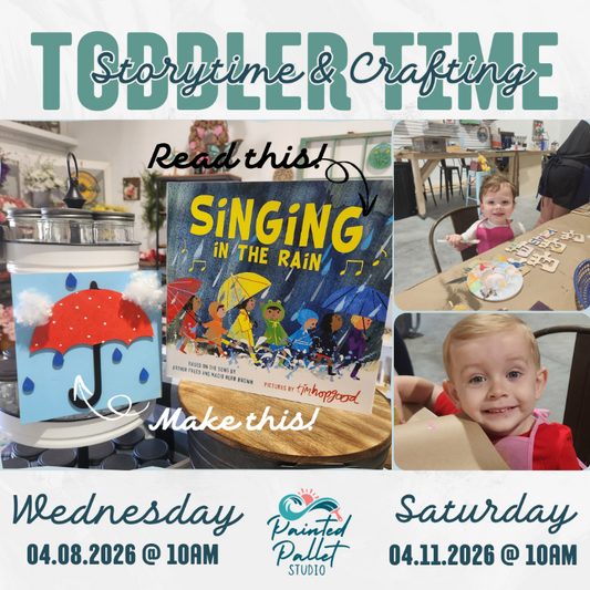 Promotional flyer for Toddler Time Storytime & Crafting event with children and a book titled 'Singing in the Rain'.