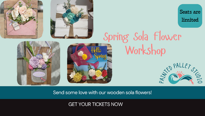 Advertisement for a Spring Sola Flower Workshop with images of floral arrangements and promotional text.