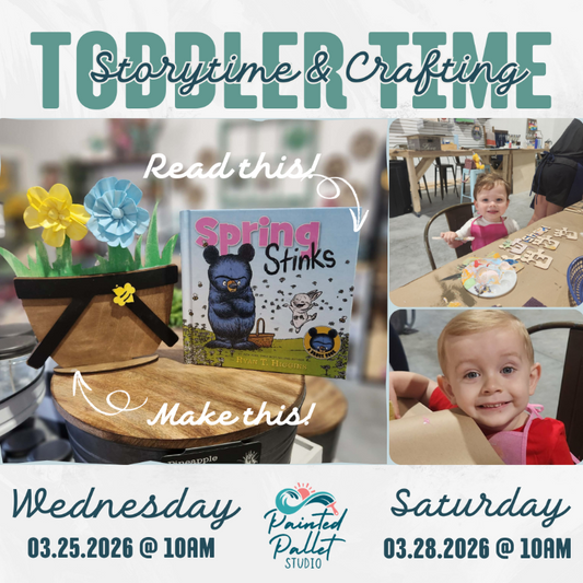 Promotional flyer for 'Toddler Time Storytime & Crafting' event with children's book and activities.