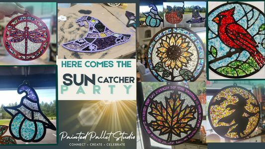 A collage of colorful stained-glass sun catcher designs, including a dragonfly, witch hat, pumpkin, sunflower, cardinal, pumpkin, maple leaf, and witch silhouette, with a central text panel reading 'HERE COMES THE SUN CATCHER PARTY' and 'Painted Palmet Studio'.