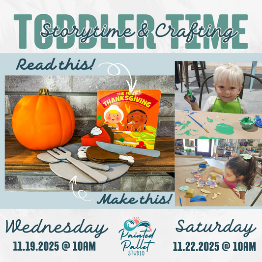 Promotional flyer for toddler storytime and crafting event with pumpkin, book, and children at tables.