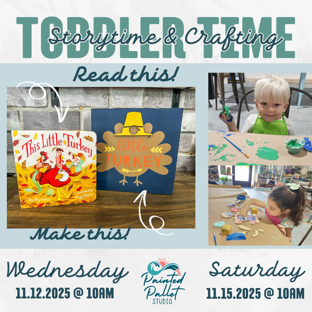 Promotional flyer for toddler storytime and crafting event with children's book and craft materials.