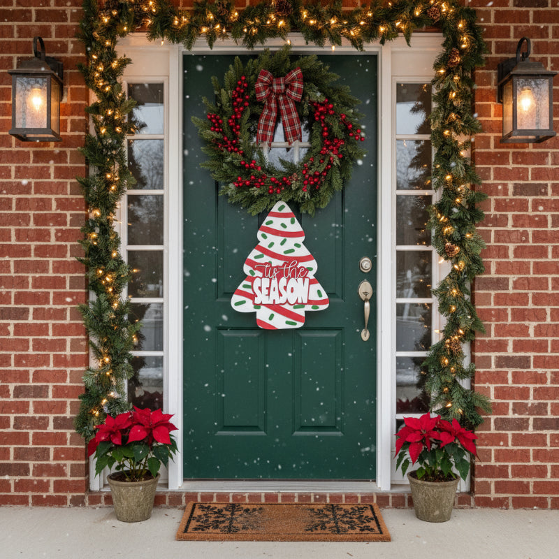 Decorated front door with wreath, tree-shaped sign, and poinsettias on a brick wall.