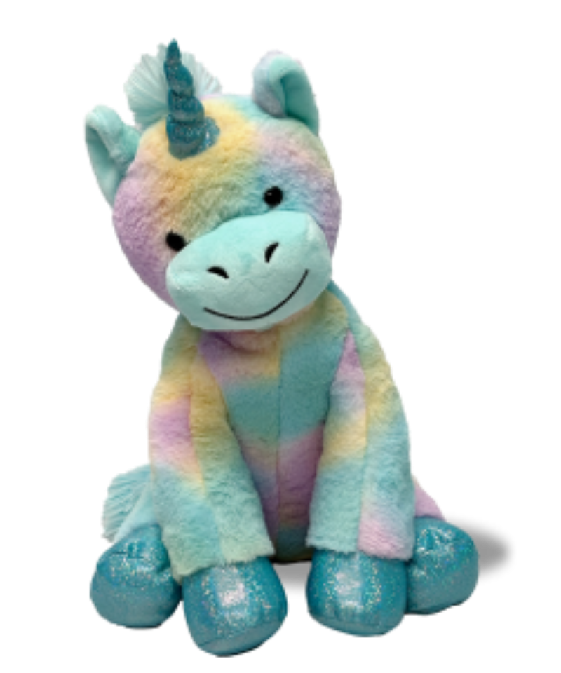 Multicolored plush unicorn toy on a white background