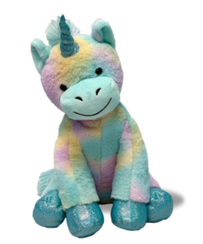 Multicolored plush unicorn toy on a white background
