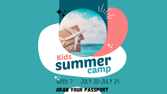 Promotional graphic for Kids Summer Camp with a beach scene and text on a teal background