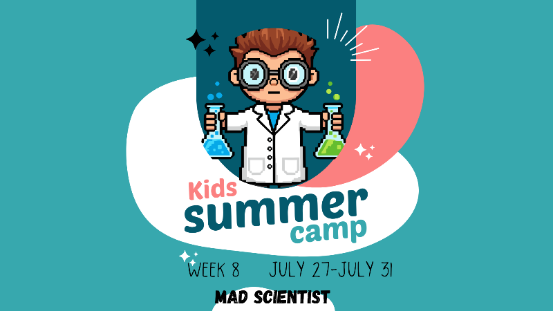 Promotional graphic for Kids Summer Camp with a cartoon scientist holding beakers on a teal background.