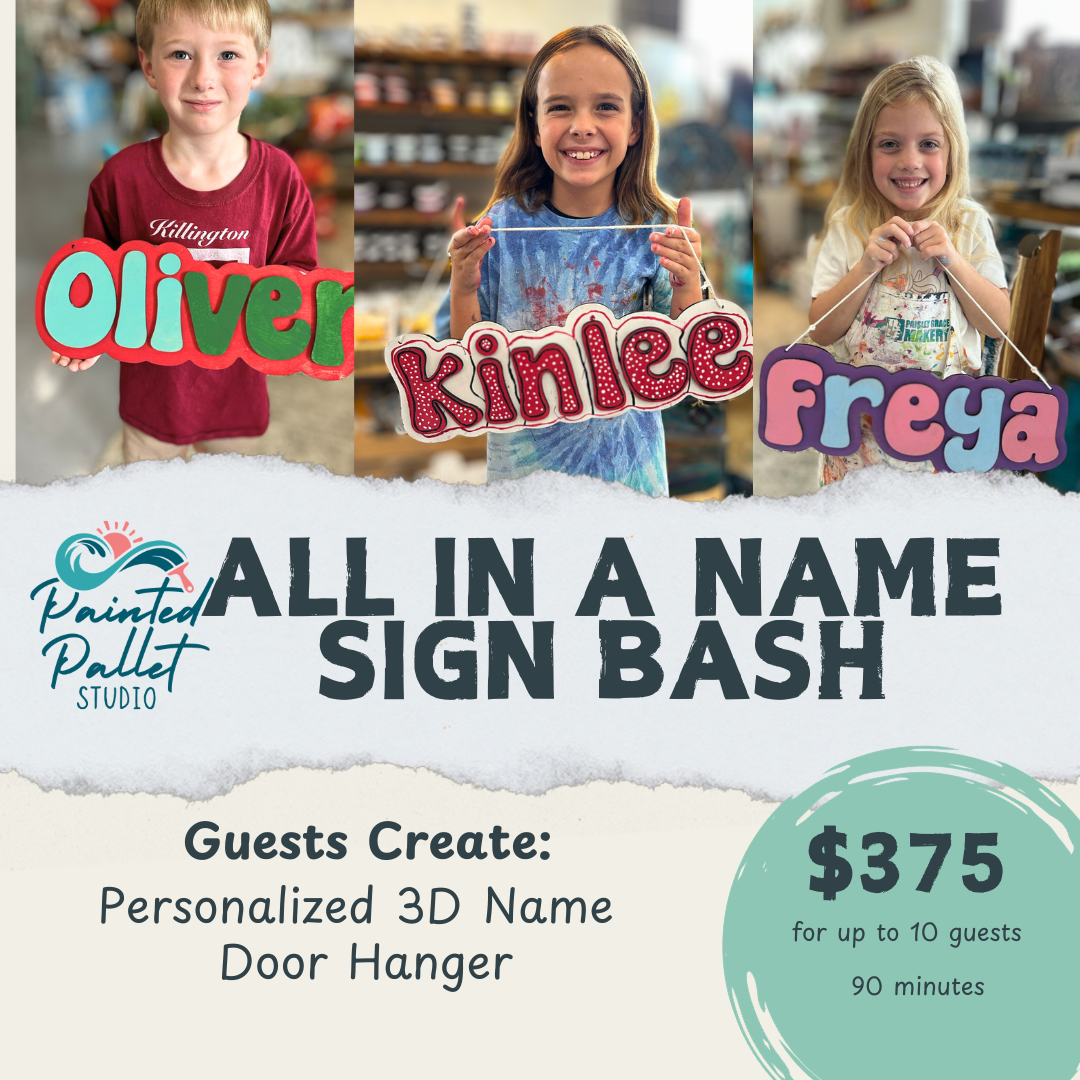 Advertisement for a 'All in a Name' sign bash event with children holding name signs and promotional text.