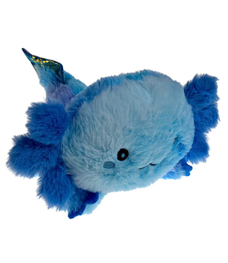 Blue Axlotyl toy with a star on a white background