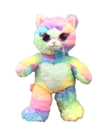 Multicolored plush toy with a cat-like design on a white background