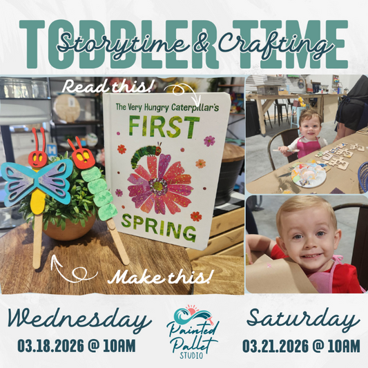 Promotional flyer for toddler storytime and crafting event with children and craft materials.