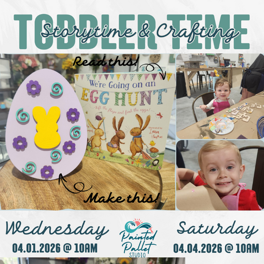Promotional flyer for toddler storytime and crafting event with children's book and craft materials.