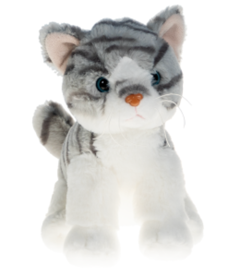 Plush toy cat with gray and white fur on a white background